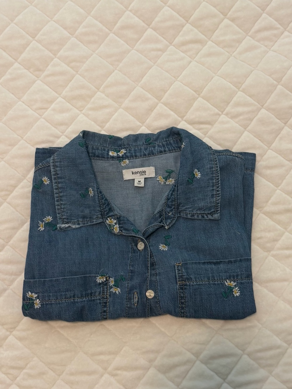 Kensie Blue Denim Shirt with White & Yellow Floral Embroidery